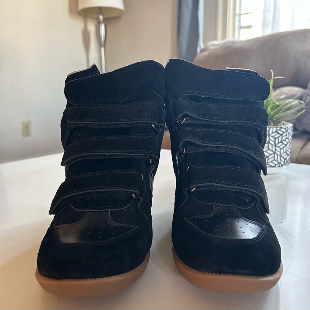 Isabel Marant Black Suede Wedge Velcro Sneakers with Tan Gum Sole